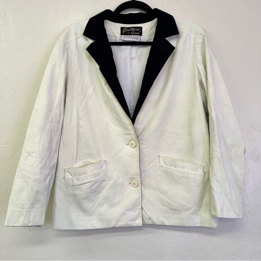 Vintage 80s Gino Rossi Wilson’s Black Collar White Faux Suede Blazer‎ Sz 12 GVC